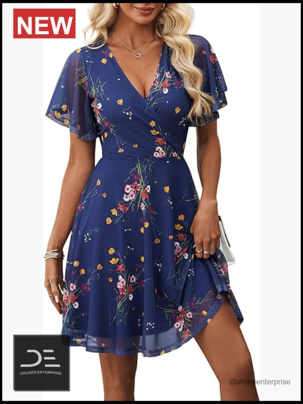 Floral Wrap V Neck Stretchy Mesh Dress Midi A-Line